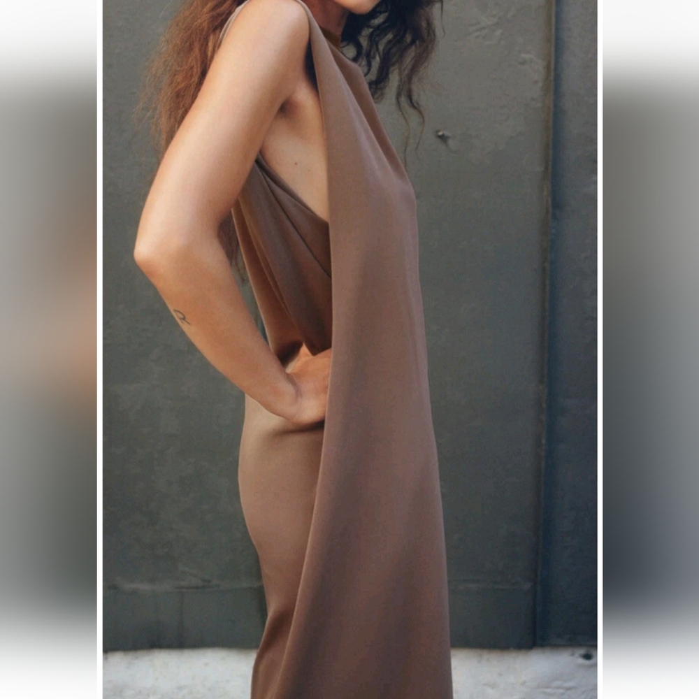 ZARA Large Unique Brown Sleeveless Dress with Shoulder Pads Draped Sides Artsy